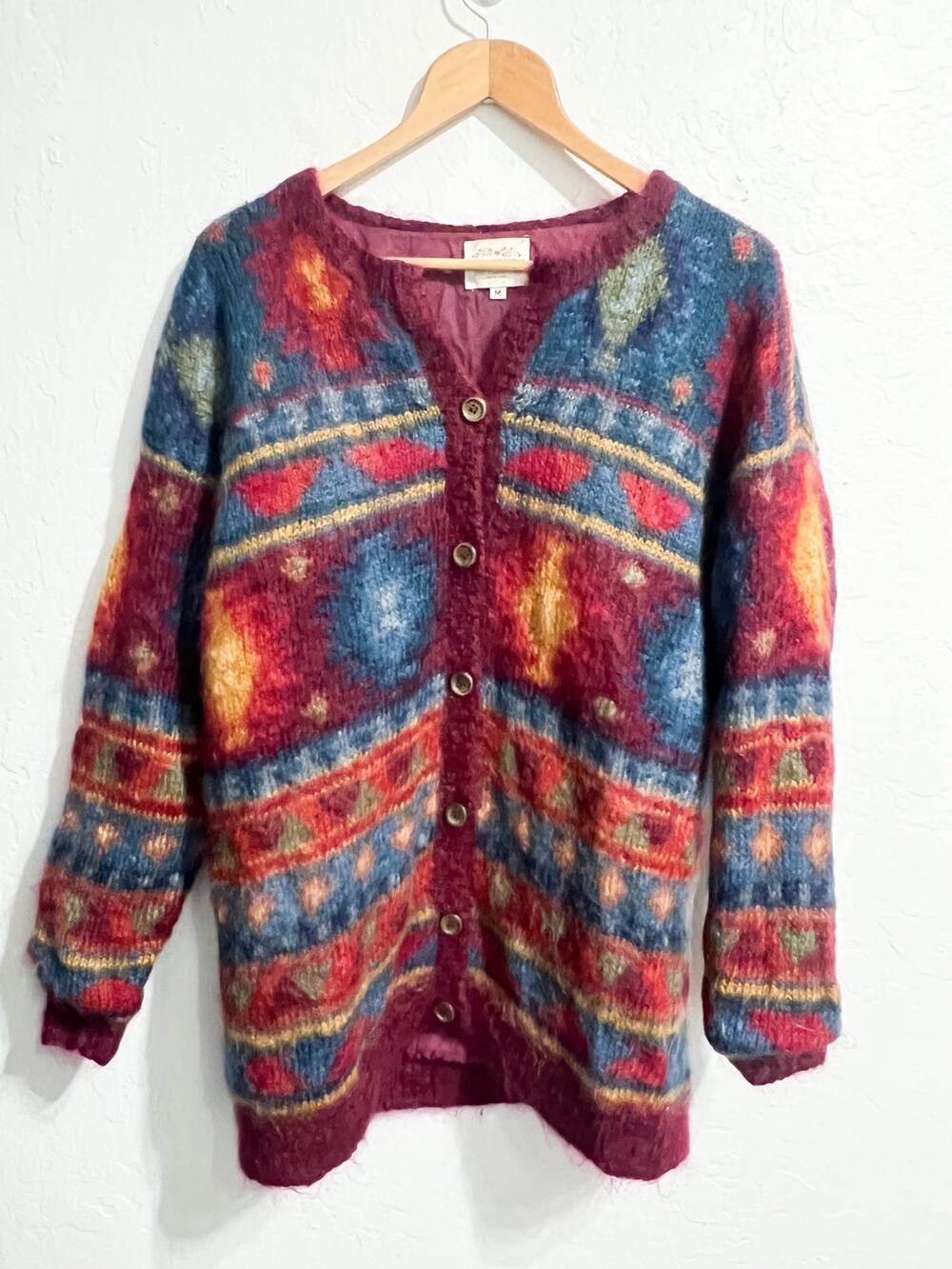 VTG Susan Bristal Sweater Cardigan Med Wool Southwestern HandKnit Fuzzy Aztec 93